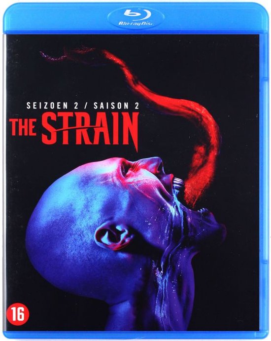Voorkant Blu-ray-hoes van 'The Strain Seizoen 2' met een paars hoofd en een rode tong die naar buiten steekt. Leeftijdsclassificatie 16.