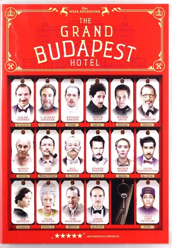 DVD-hoes van The Grand Budapest Hotel met 20 portretten van castleden.