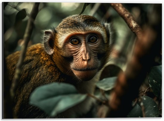 Dibond - Aandoenlijk Aapje tussen de Takken en de Bladeren in het Bos - 40x30 cm Foto op Aluminium (Wanddecoratie van metaal)