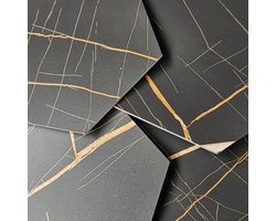 Plaktegel, Hexagon, Zwart Antraciet Goud, Black Gold, Marmerlook, PVC, Zelfklevend, 1m2