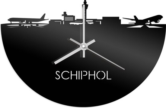 Skyline Klok Schiphol Zwart Glanzend - Ø 40 cm - Stil uurwerk - Wanddecoratie - Meer steden beschikbaar - Woonkamer idee - Woondecoratie - City Art - Steden kunst - Cadeau voor hem - Cadeau voor haar - Jubileum - Trouwerij - Housewarming -