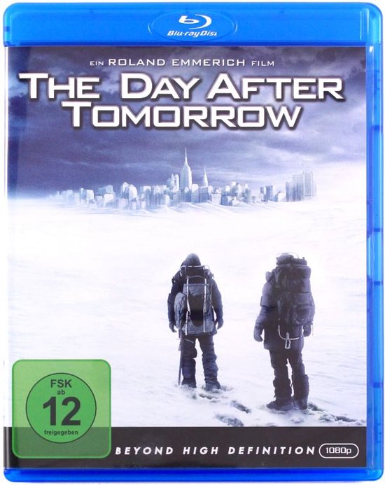 Blu-ray hoes met de titel "The Day After Tomorrow" en twee avonturiers in de sneeuw met op de achtergrond een bevroren stad.