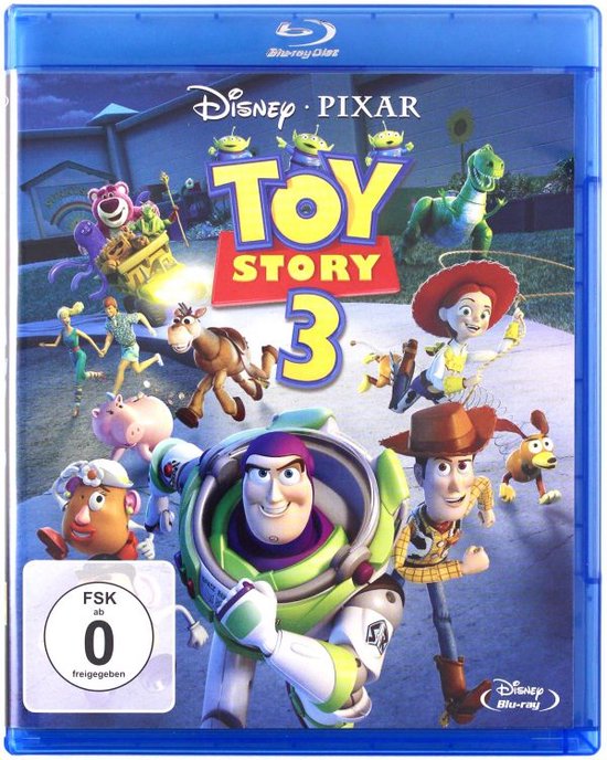 Voorkant Blu-ray van Toy Story 3 met Woody, Buzz, Jessie, Rex, Lotso, Mr. Potato Head en andere personages in een cartoonstijl.