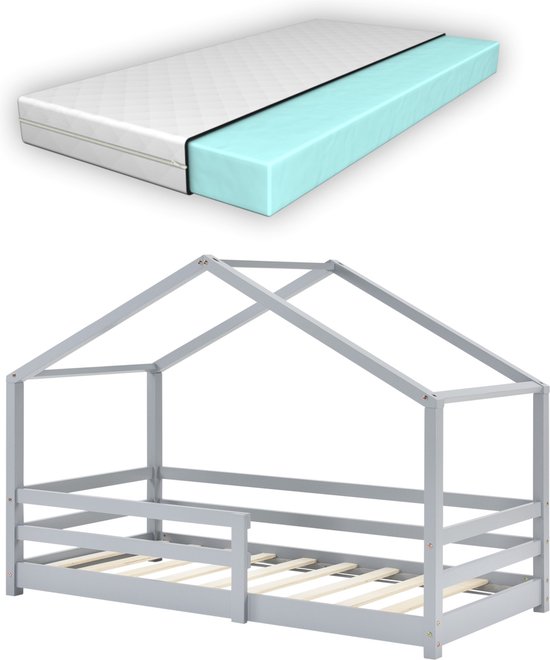 Kinderbed Sampson - Grenen - Huisbed - Met matras en valbescherming - 70x140 cm - Lichtgrijs - Voor meisjes - Voor jongens - Voor kinderen