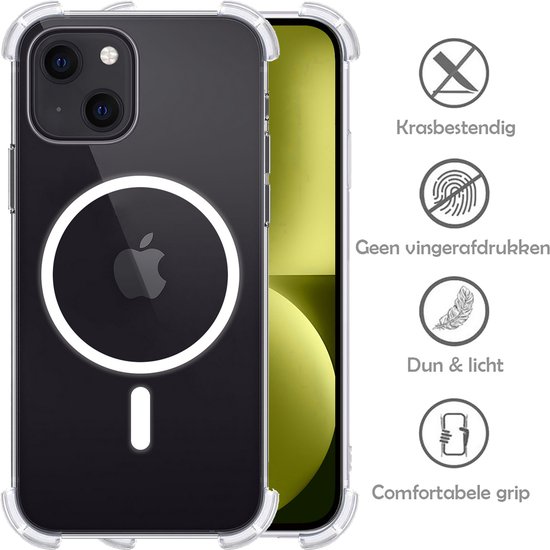 Coque pour iPhone 15 compatible avec Magsafe en Siliconen résistant aux chocs avec 2 films de protection d'écran entièrement recouverts – Transparent