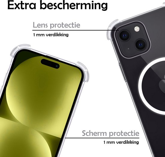 Coque pour iPhone 15 compatible avec Magsafe en Siliconen résistant aux chocs avec 2 films de protection d'écran entièrement recouverts – Transparent