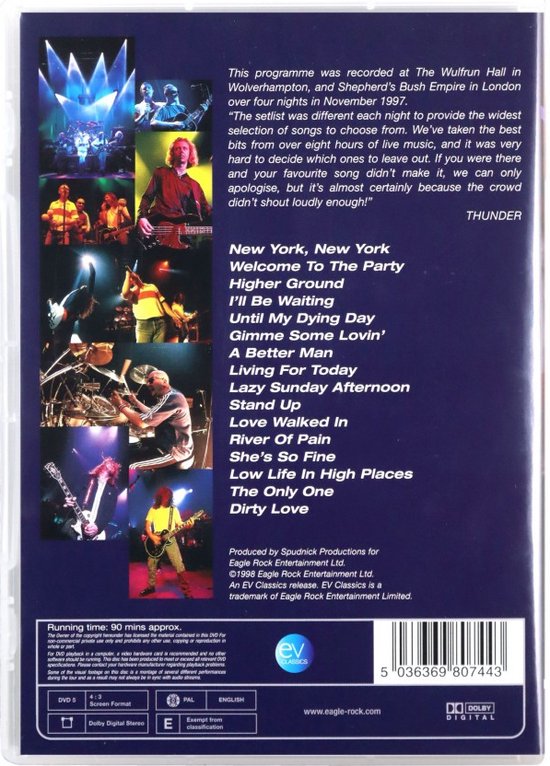 Achterkant van een live-dvdhoes van Thunder met concertfoto's, tracklist en informatie over de dvd.