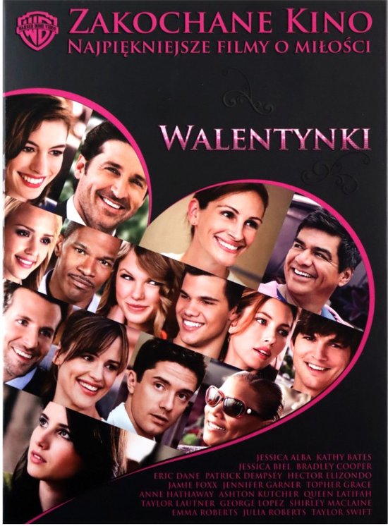 Collage de visages d'acteurs du film Valentine's Day, disposés en forme de cœur. Avec le titre "WALENTYNTKI" et les noms des acteurs.