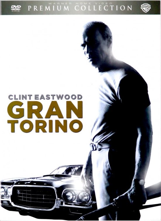 Clint Eastwood staat naast een Gran Torino auto, met de titel 'Gran Torino' in gele letters.