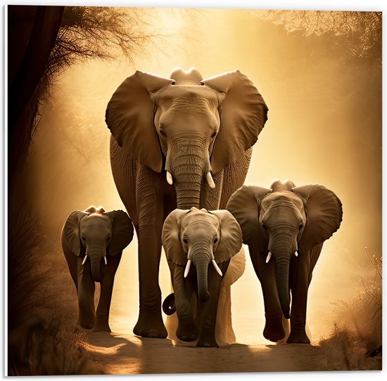 PVC Schuimplaat- Lopende Olifant met Drie Jongen over bospad - 50x50 cm Foto op PVC Schuimplaat