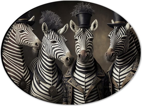 Dibond Ovaal - Familie Zebra's met Verschillende Hoeden - 28x21 cm Foto op Ovaal (Met Ophangsysteem)