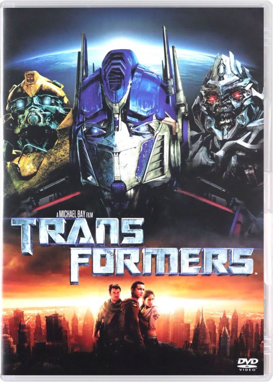 DVD-hoes van Transformers met Optimus Prime, Bumblebee en Megatron, met de filmtitel en menselijke personages.