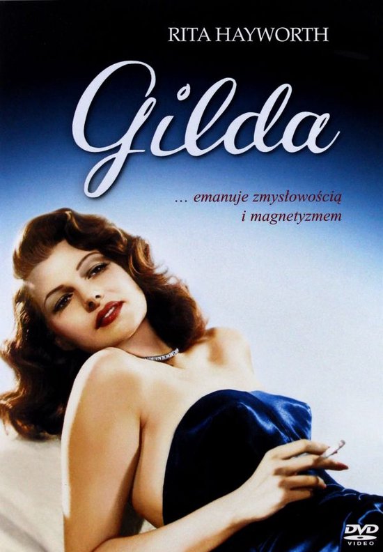 Rita Hayworth dans Gilda, un bustier avec une robe bleue.