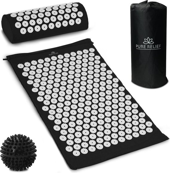 Pure Relief - Spijkermat Set met Speciaal Kussen Acupressuur met Acupunctuur Drukpunten Massagemat - Zwart XL Gratis Spijkerbal