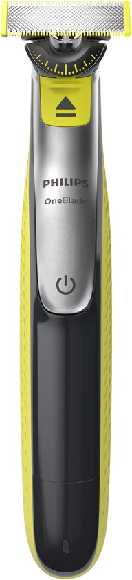 Philips OneBlade 360, gele en zilveren baardtrimmer op een witte achtergrond.