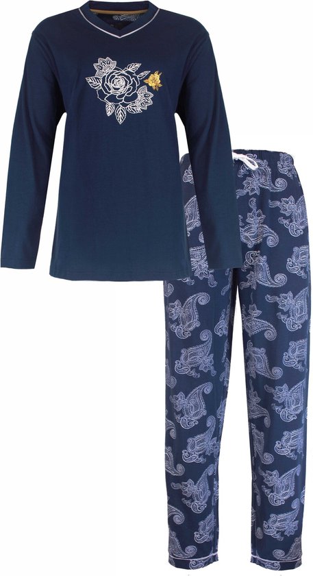 MEPYD1304A Pyjama femme Medaillon - Ensemble de nuit - 100 % Katoen peigné - Blauw Marine avec rose. - Tailles : L