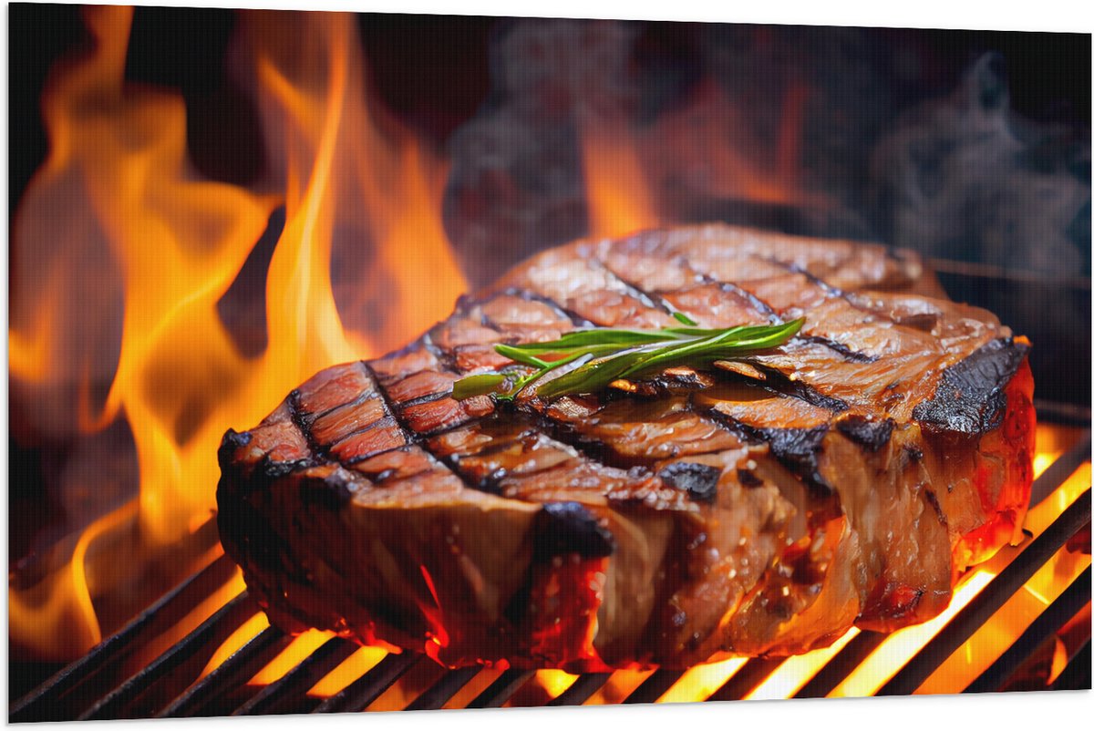 Vlag - Brandende Steak op Barbecue - 120x80 cm Foto op Polyester Vlag