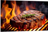 Acrylglas - Brandende Steak op Barbecue - 120x80 cm Foto op Acrylglas (Met Ophangsysteem)