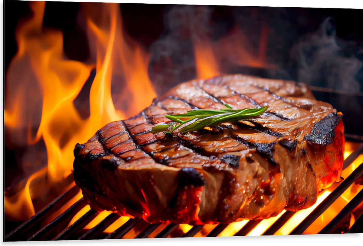 Dibond - Brandende Steak op Barbecue - 105x70 cm Foto op Aluminium (Met Ophangsysteem)