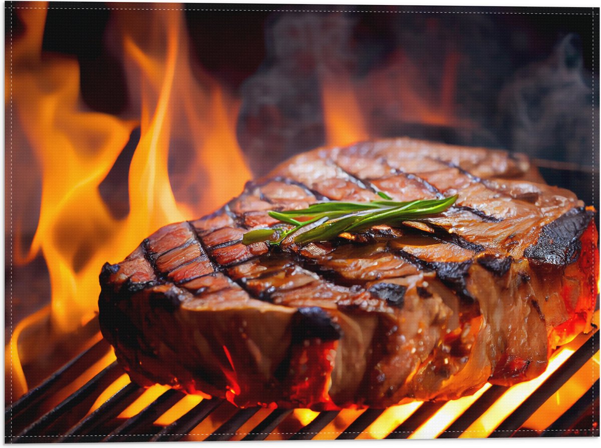 Vlag - Brandende Steak op Barbecue - 40x30 cm Foto op Polyester Vlag