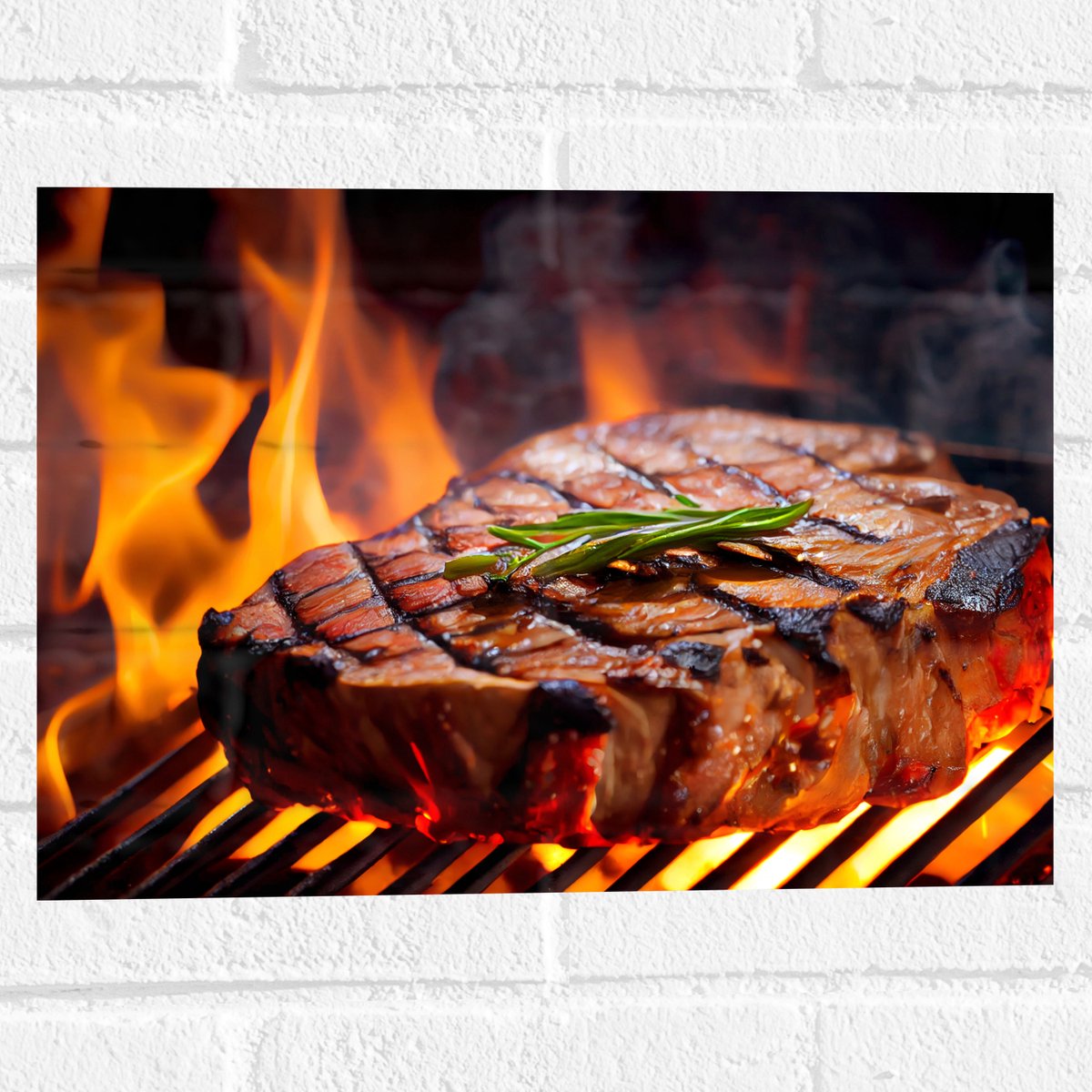 Muursticker - Brandende Steak op Barbecue - 40x30 cm Foto op Muursticker