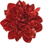 1x stuks decoratie bloemen velvet rood op clip 16 cm - Decoratiebloemen/kerstboomversiering/kerstversiering