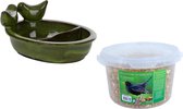 Vogelvoeder- en drinkschaal groen keramiek 21 cm inclusief 4-seizoenen mueslimix vogelvoer - Vogel voederstation