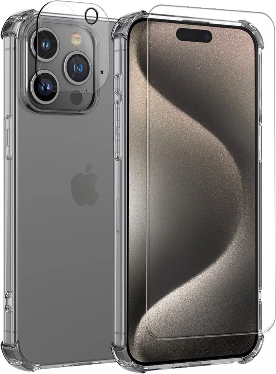 iPhone 15 Pro Doorzichtig Hoesje + 9H Tempered Glass Screen Protector + Camera Protector Transparant | Schokbestendig | 360° Beschermset | 3 in 1 Set