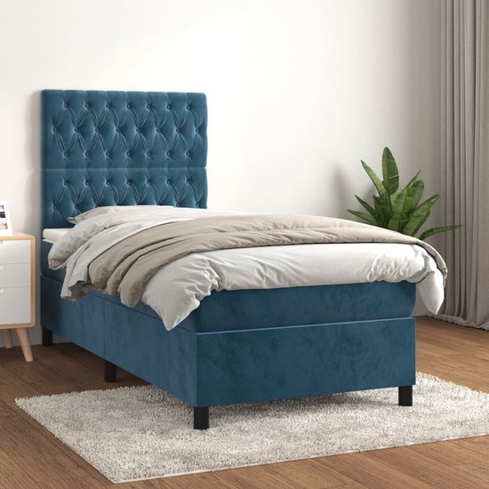 The Living Store Boxspringbed - Donkerblauw - 203 x 100 x 118/128 cm - Zacht fluweel