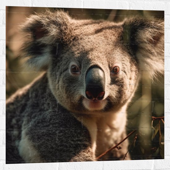 Muursticker - Aankijkende Koala in het Bos - 80x80 cm Foto op Muursticker