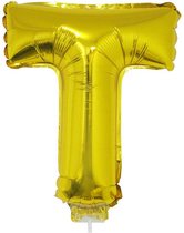 Gouden opblaas letter ballon T op stokje 41 cm
