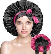 Dubbelzijdige Satijnen Slaapmuts met Verstelbare hoofdband met Lange Lussen - Bonnet van Satijn - Haarnetje - Donker Roze/Zwart