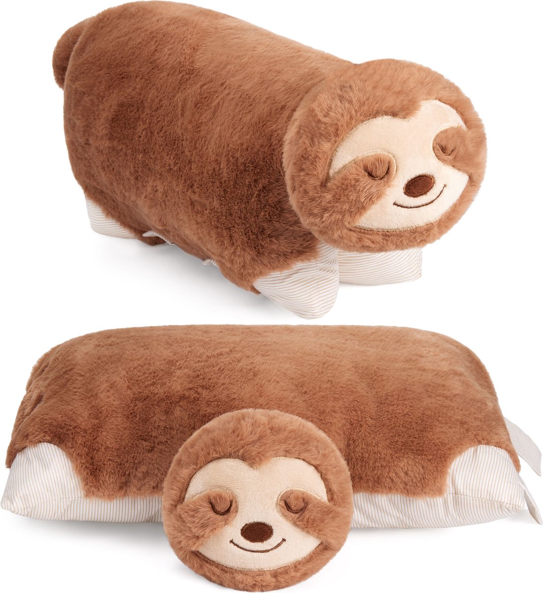 BRUBAKER Knuffelkussen Luiaard - 2 in 1 Knuffeldier en Knuffelkussen - 40 x 30 cm Sierkussen - Opvouwbaar Pluche Kinderkussen met Klittenbandsluiting - Dierenkussen Luiaard Pluche Kussen - Bruin