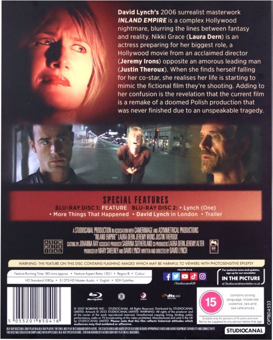 Achterkant van de Inland Empire Blu-ray met filminfo en beelden van Laura Dern, Jeremy Irons en Justin Theroux