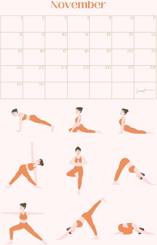 Kalender met 9 yoga poses in oranje sportkleding voor november.