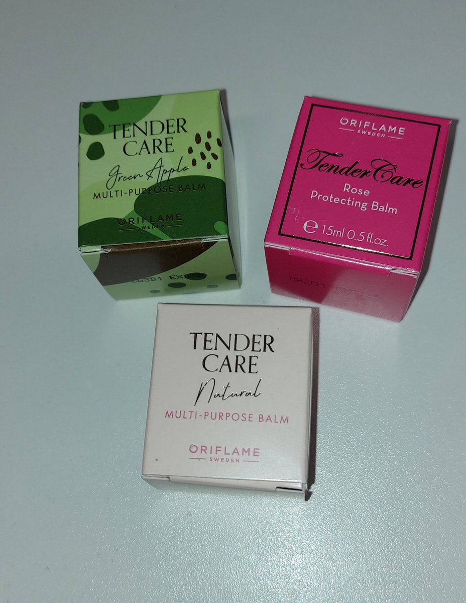 Goedkoopste Tender care , Tendercare set van 3 potjes, 3 wonderpotjes met verschillende geuren, Naturel, Raspberry en Appel, Oriflame potjes