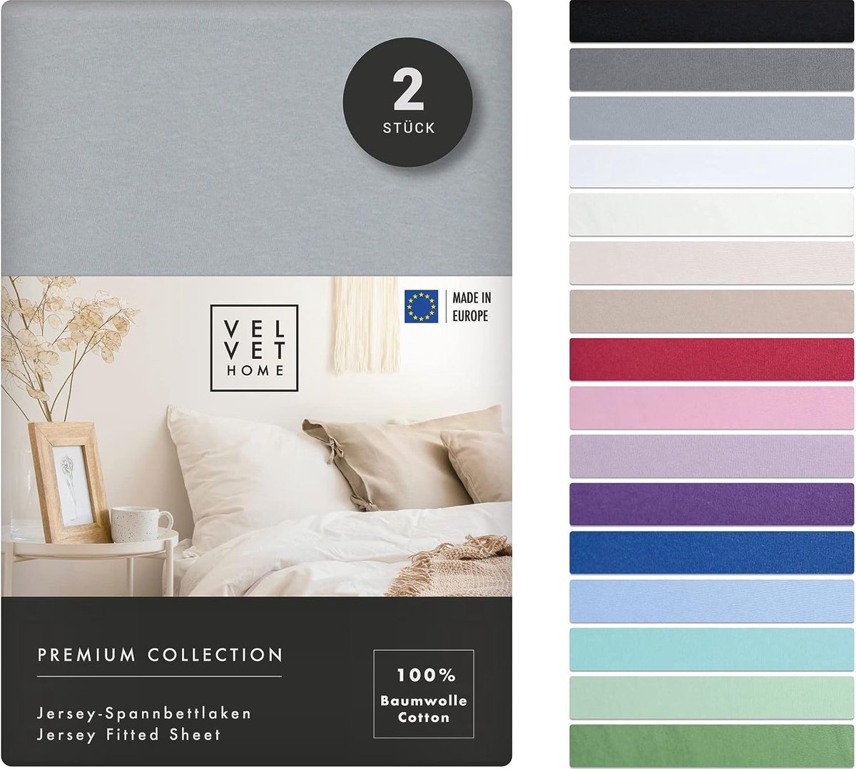 velvet home Dubbelpak hoeslakens, 120 x 200 cm, 100% gekamd katoen, 165 gsm, set van 2 lakens 120 x 200 voor matrashoogte tot 25 cm, Jersey, Premium, lichtgrijs, 120 x 200 cm + 30