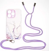 Shop4 - Geschikt voor iPhone 14 Pro Hoesje - Zachte Back Case TPU Siliconen met Koord Marmer Paars