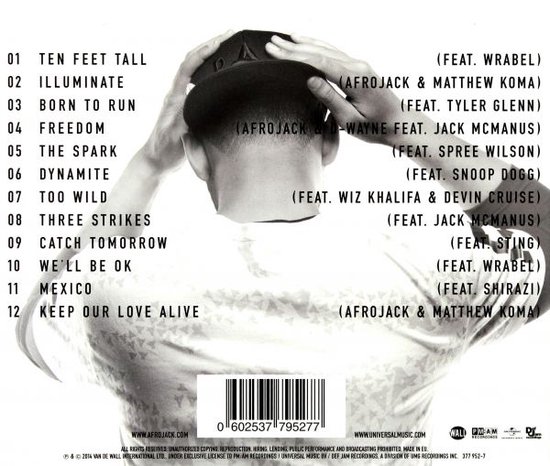 Achterkant albumhoes met tracklist. Een man met handen op hoofd, draagt pet.