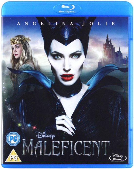 Angelina Jolie als Malafide met Elle Fanning als Prinses Aurora, met een kasteel op de achtergrond. Disney Maleficent Blu-ray hoes.