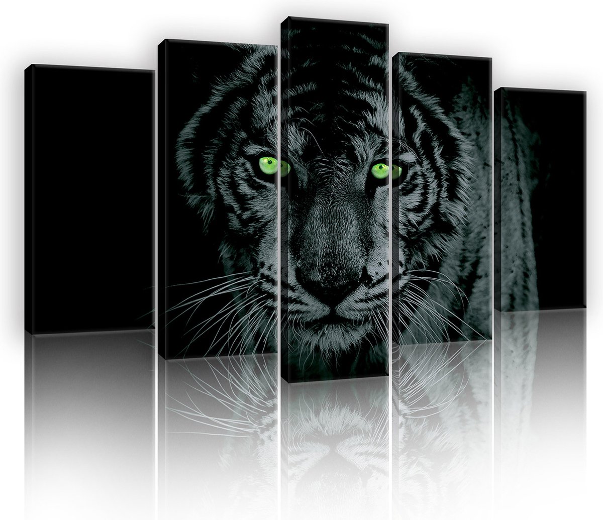 Canvas Schilderij - Tijger - Leeuw - Dieren - Kat - Wild - Roofdier - Donker - 100x60cm LxB - 5 Luiks - 5 Delen Tijger - Donker