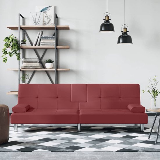 The Living Store Slaapbank - Kunstleer - Verstelbare rugleuning - Comfortabele zit - Inklapbare theetafel - USB-aansluiting - Metalen voetjes - Wijnrood - 200 x 89 x 70 cm