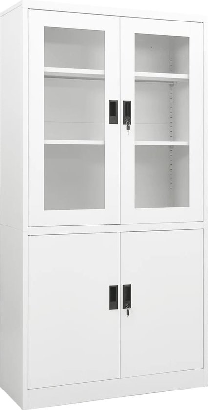 The Living Store Archiefkast - Staal - Wit - 90x40x180 cm - Met 4 deuren