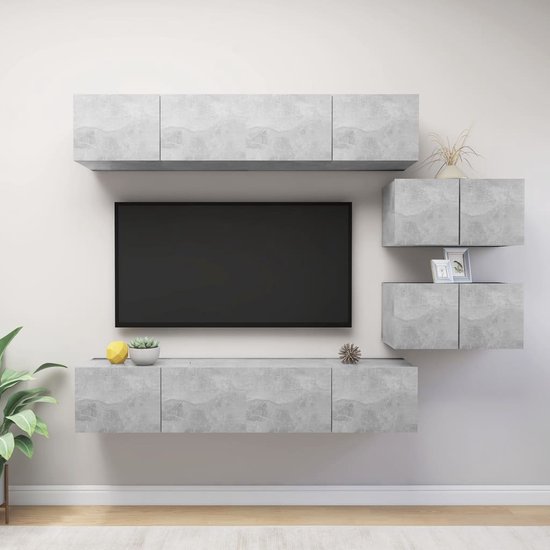 The Living Store Tv-meubelset - Hangend - Spaanplaat - Betongrijs - 80x30x30cm / 60x30x30cm - Montage vereist - 6-delig