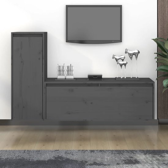 The Living Store Meuble TV - Armoires suspendues - gris - bois de pin massif - 100 x 30 x 35 cm - 30 x 30 x 80 cm
