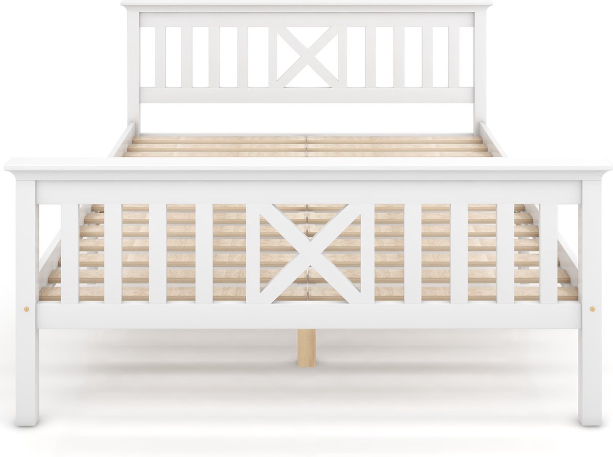 Houten bed tweepersoonsbed van bedframe met lattenbodem houten bed met hoofdeinde - 140 x 200 cm massief houten kinderbed jeugdbed massief grenen wit