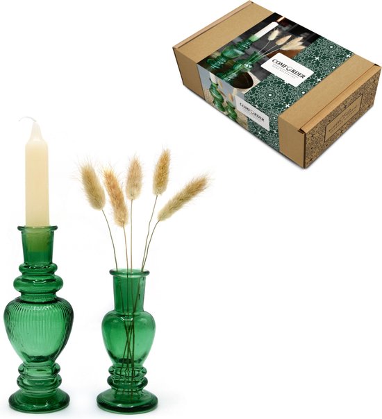 Comforder Cadeauset Glazen Kandelaar Gekleurd - Set van 2 Vazen met Kaars en Droogbloemen - Groene Kaarsenhouders