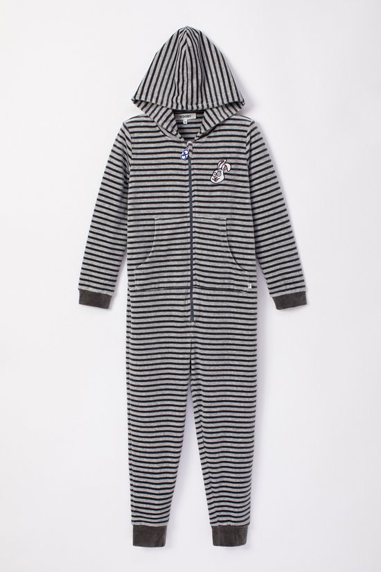 Woody onesie velours unisex - antraciet-grijs gestreept - haas - 232-10-ONE-V/924 - maat 176