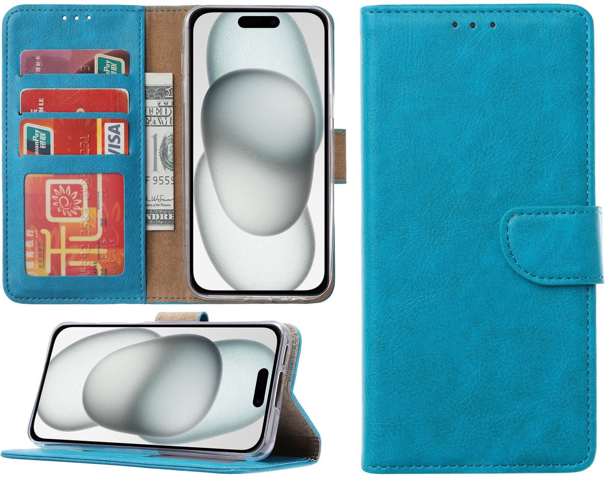 Hoesje Geschikt voor iPhone 15 – portemonnee bookcase met pasjeshouder – Blauw