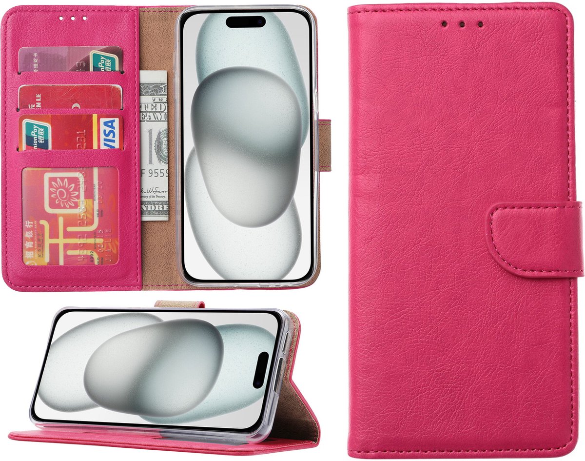 Hoesje Geschikt voor iPhone 15 – portemonnee bookcase met pasjeshouder – Roze